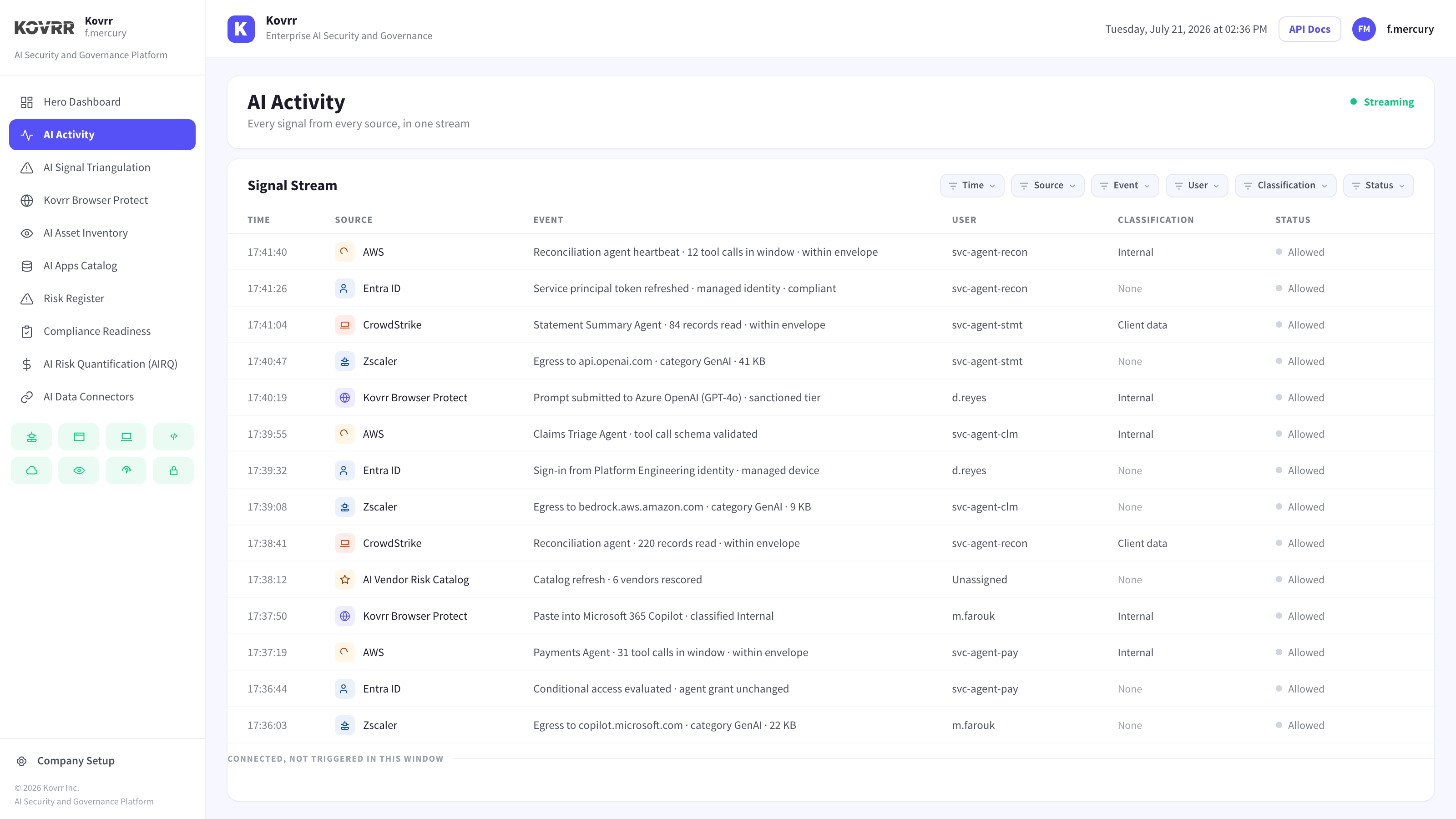 Activity stream showing egress to several model API endpoints with categories and payload sizes, alongside prompt submissions through a browser and agent tool calls