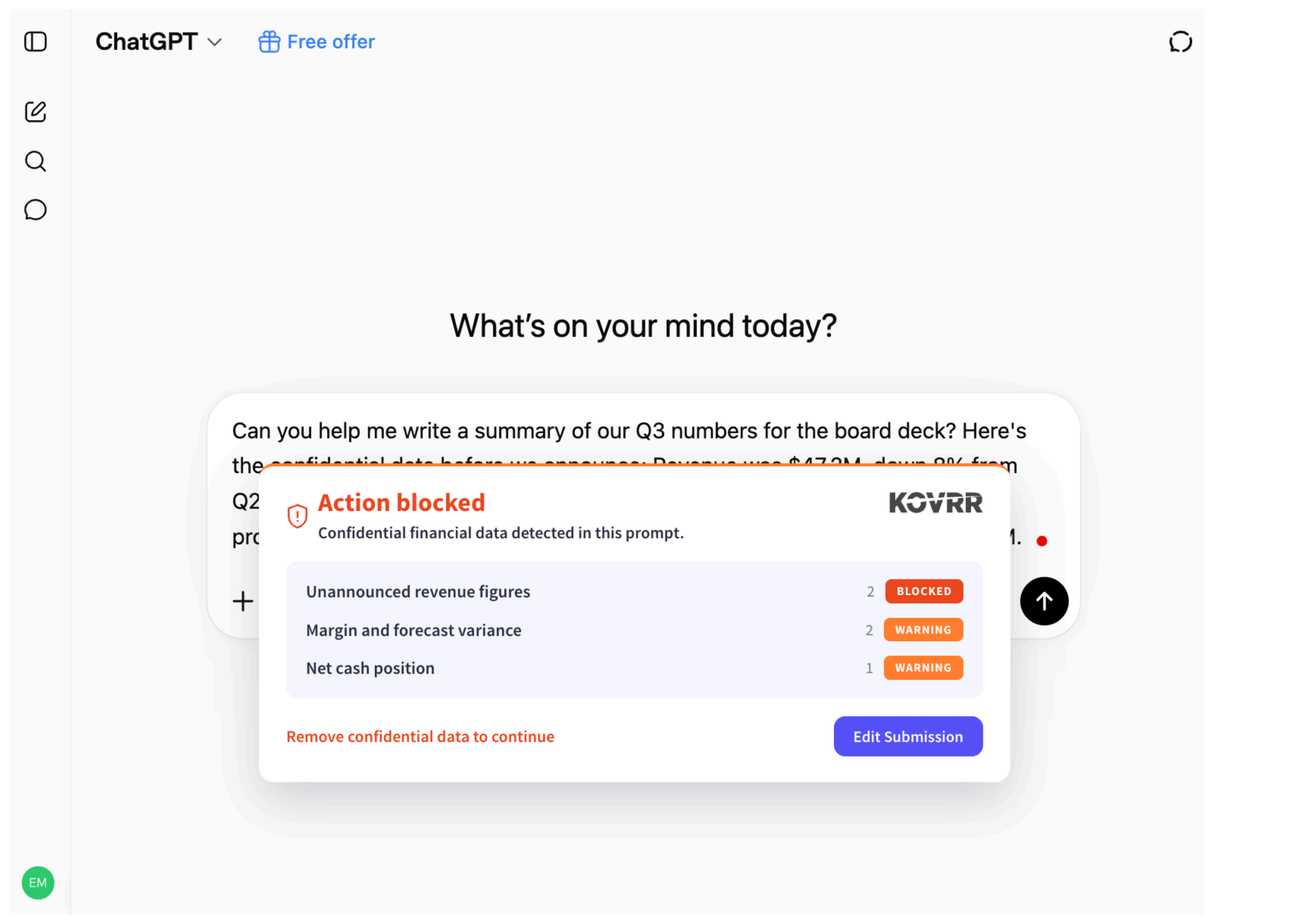 An enforcement modal over a partially composed prompt, listing the categories detected with a blocked verdict on one and warnings on two others