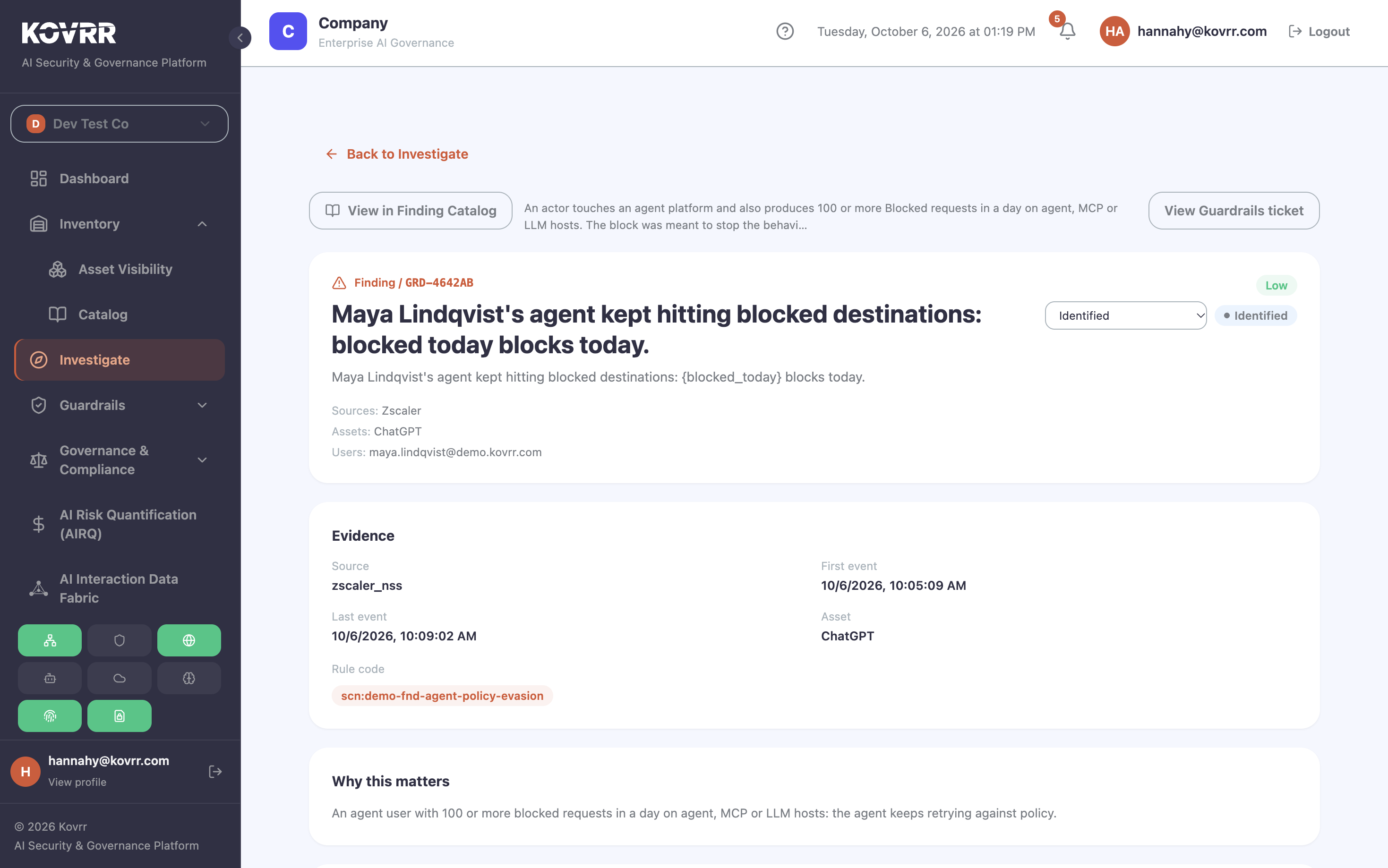 Finding detail showing a rule about repeated blocked requests on agent, MCP and LLM hosts, with source, asset, user, first and last event timestamps and a rule code