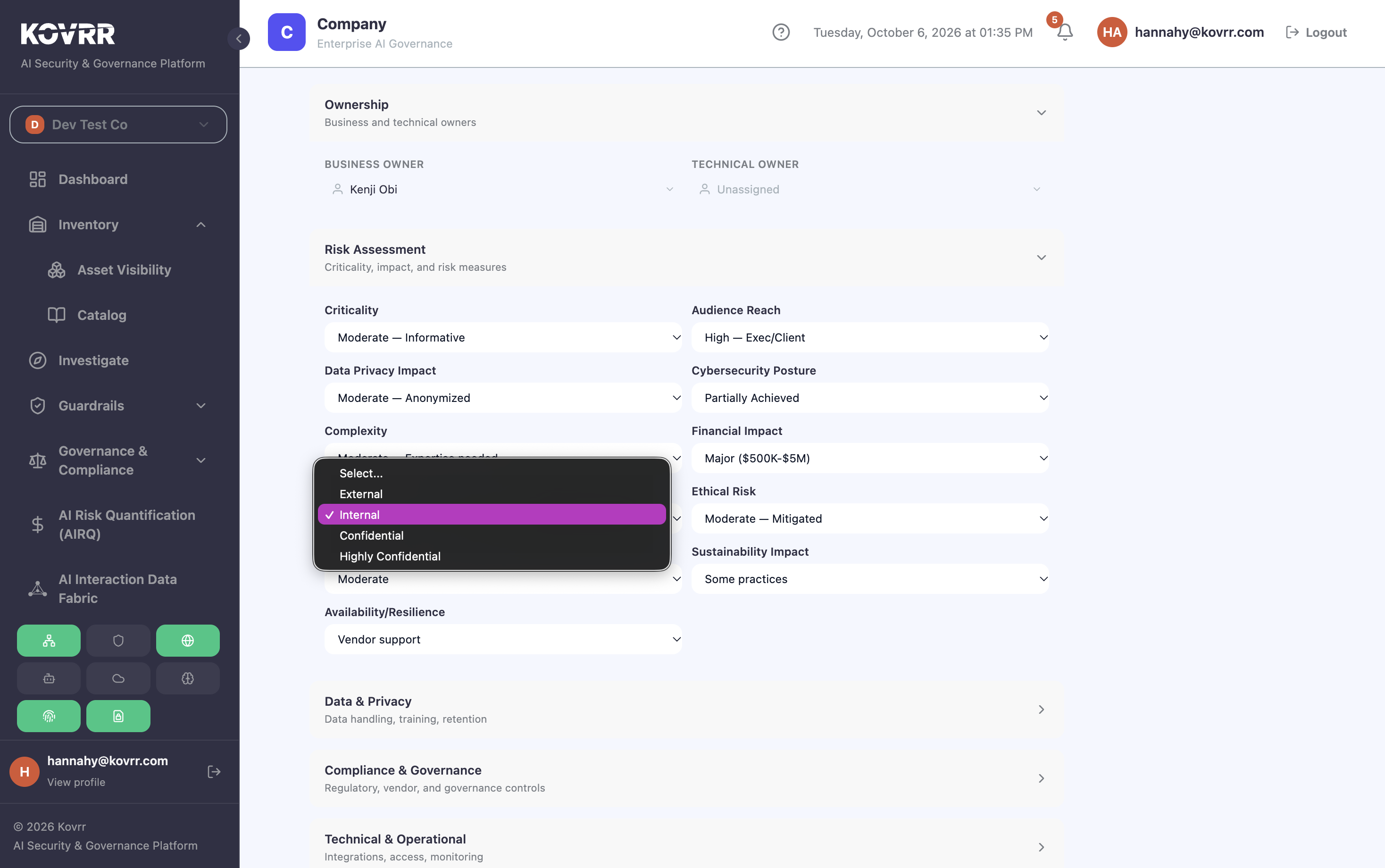 Asset detail form showing separate business and technical owner fields alongside criticality, data privacy impact, financial impact and confidentiality classification