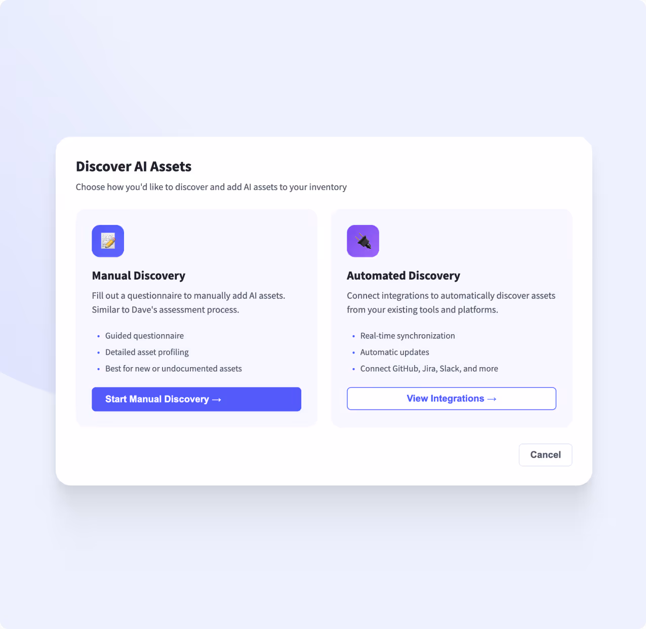 Interface screen to choose between manual or automated discovery of AI assets with options to start manual discovery or view integrations.