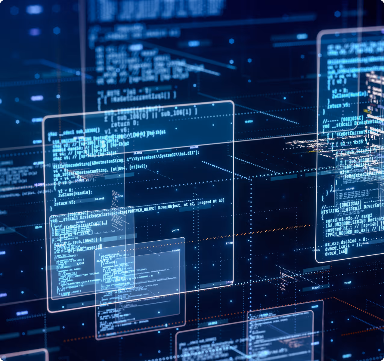 Futuristic 3D digital interface displaying transparent code windows and data points against a dark blue background.