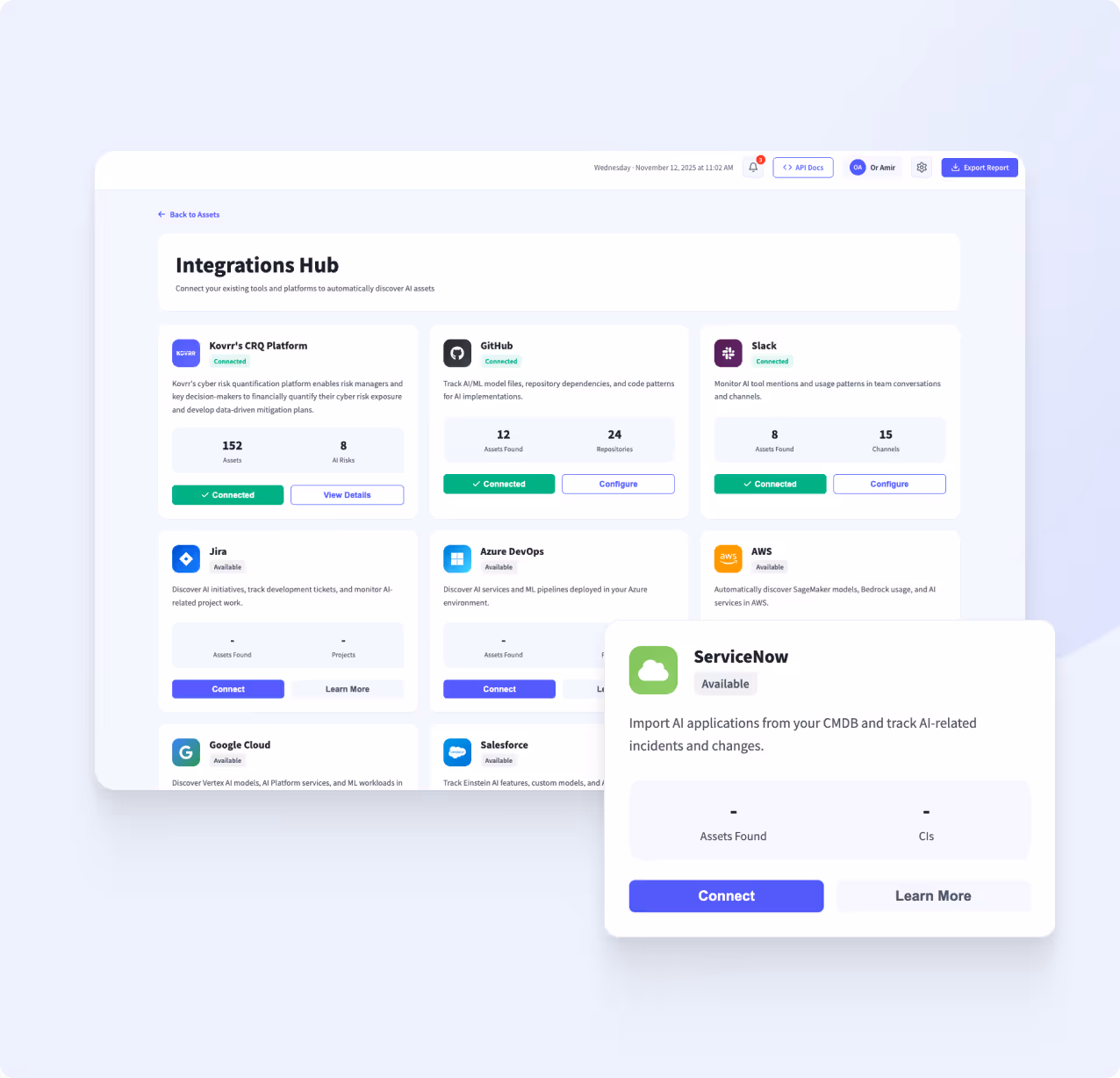 Dashboard showing Integrations Hub with various connected AI and cloud platforms like Kovrr, GitHub, Slack, Jira, Azure DevOps, AWS, Google Cloud, Salesforce, and ServiceNow with status and action buttons.