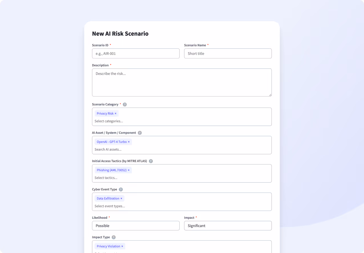 Form titled 'New AI Risk Scenario' with fields for Scenario ID, Scenario Name, Description, Scenario Category tagged as Privacy Risk, AI Asset tagged as OpenAI - GPT-4 Turbo, Initial Access Tactics tagged as Phishing, Cyber Event Type tagged as Data Exfiltration, Likelihood set to Possible, Impact set to Significant, and Impact Type tagged as Privacy Violation.