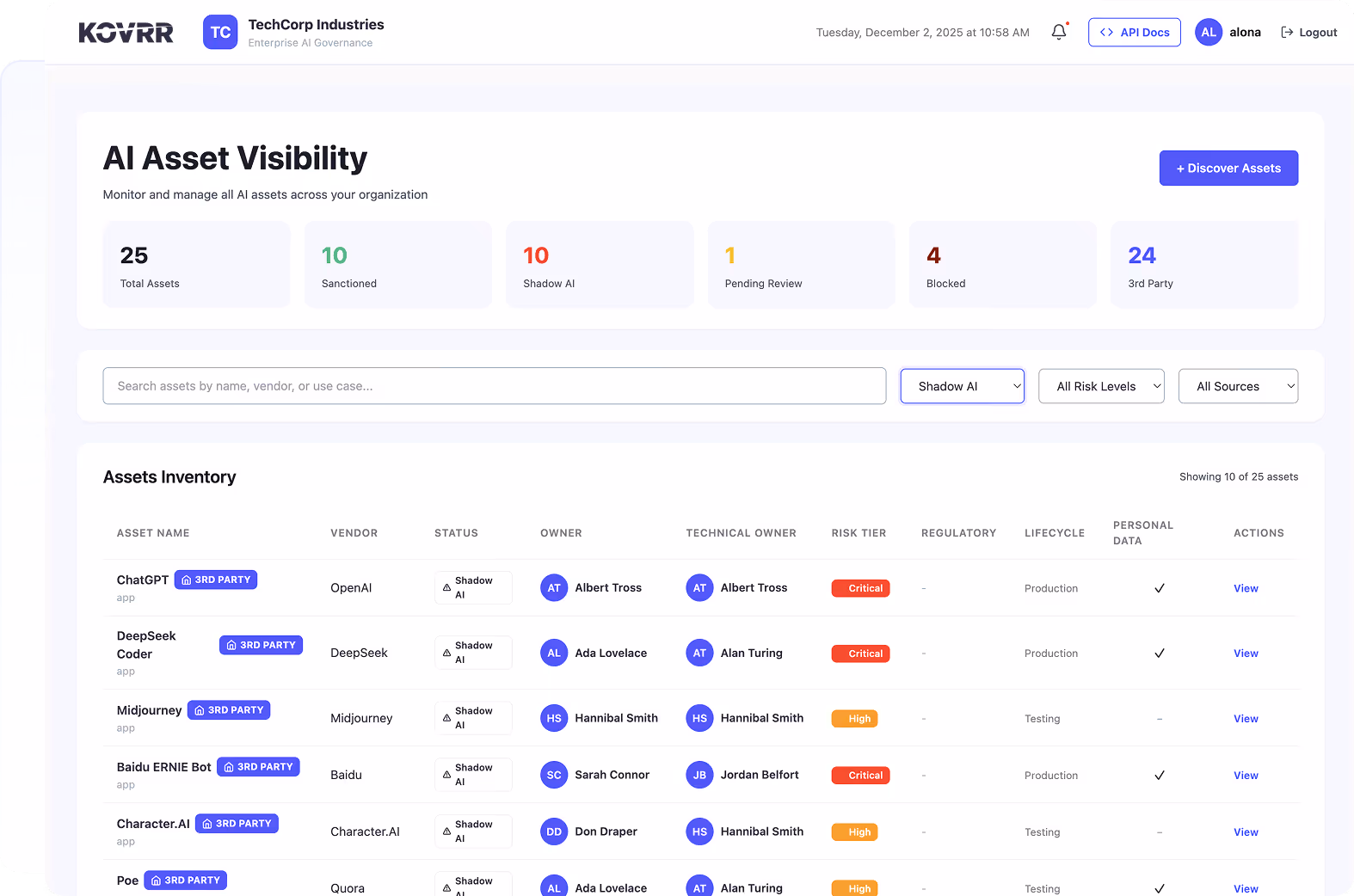 Dashboard showing AI Asset Visibility for TechCorp Industries, listing 25 assets with filters and an inventory table detailing asset names, vendors, statuses, owners, risk tiers, and lifecycle stages.