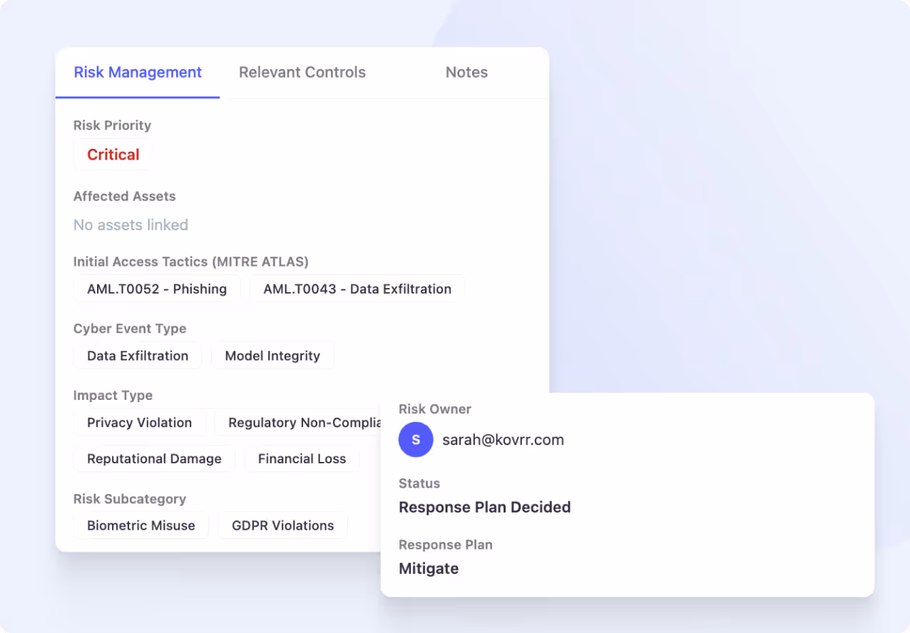 Risk management interface showing a critical risk priority with details on initial access tactics, cyber event types, impact types, risk subcategories, and a response plan.