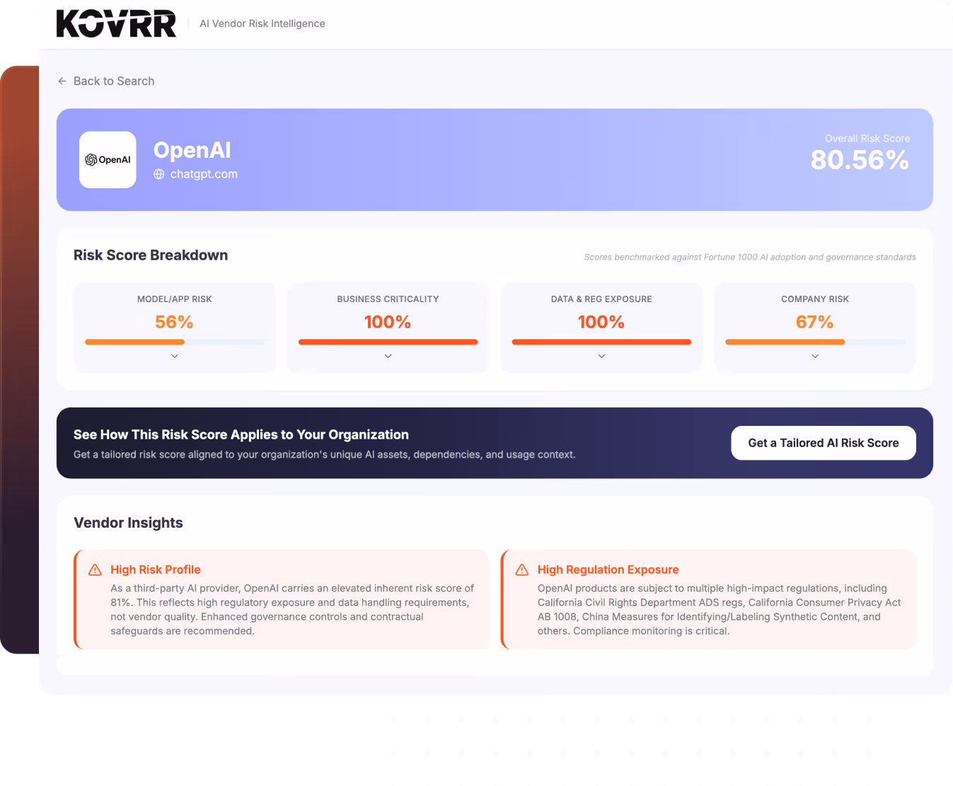 Kovrr AI vendor risk intelligence dashboard showing OpenAI with an overall risk score of 80.56%, including model/app risk 56%, business criticality 100%, data and regulation exposure 100%, and company risk 67%. Vendor insights highlight high risk profile and high regulation exposure with recommendations.