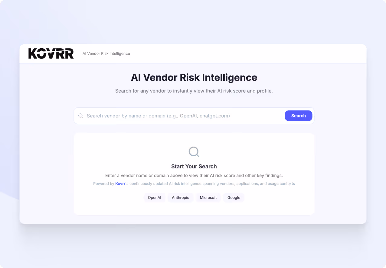 AI Vendor Risk Intelligence search interface with a search bar to enter vendor names or domains and example buttons for OpenAI, Anthropic, Microsoft, and Google.