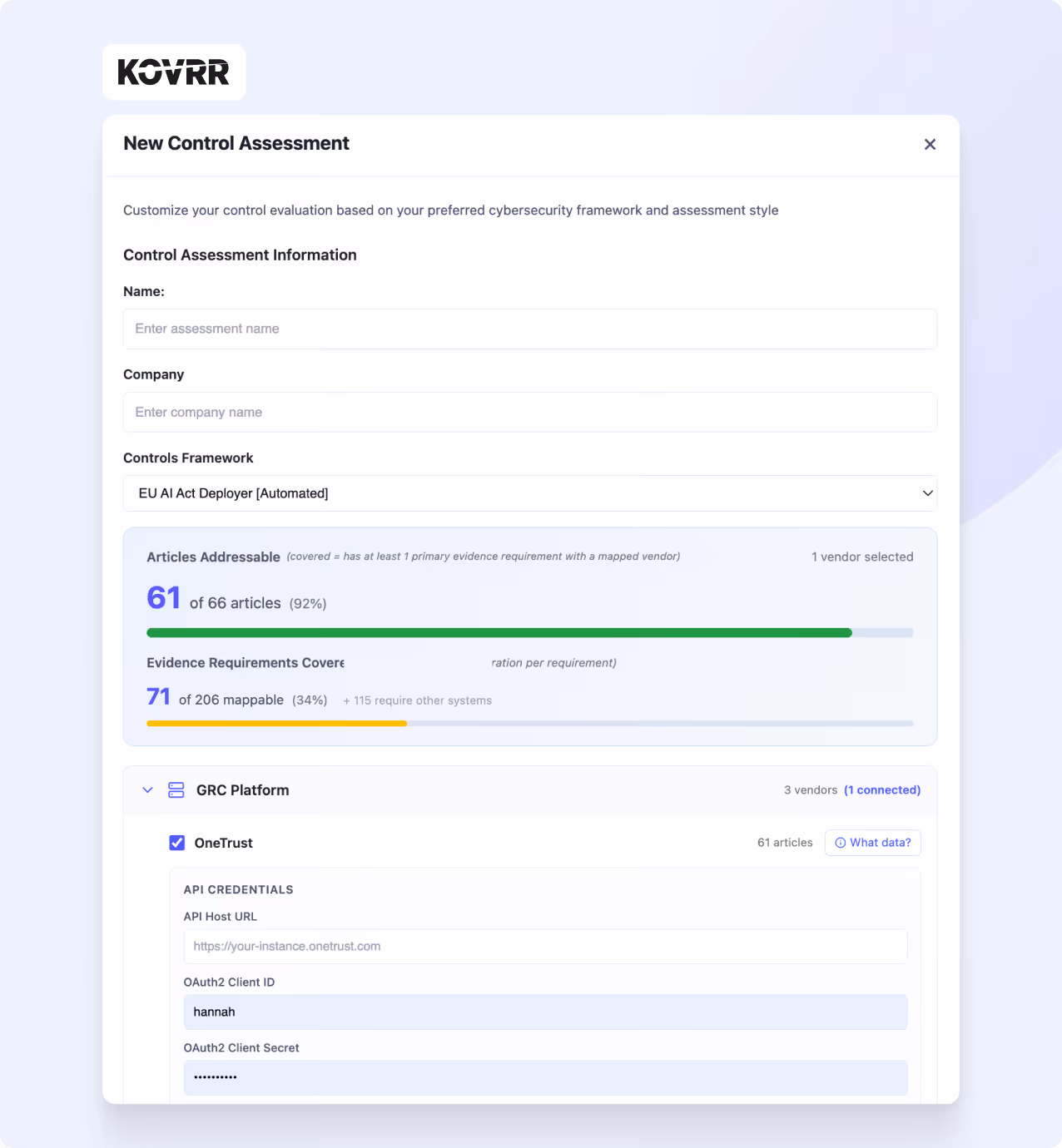 Kovrr New Control Assessment interface showing fields for name, company, controls framework selection, articles and evidence coverage progress bars, and API credentials setup for OneTrust.