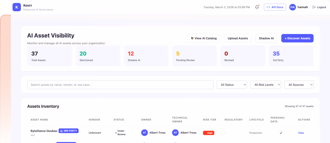 Dashboard showing AI asset visibility with stats, search bar, filters, and assets inventory list.