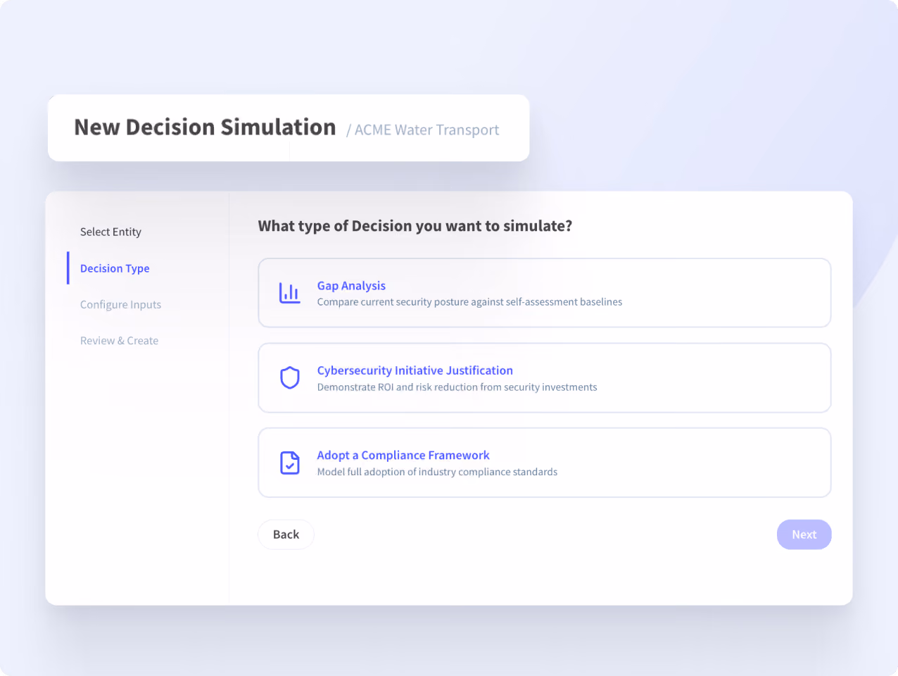 User interface for new decision simulation with options: Gap Analysis, Cybersecurity Justification, and Compliance Framework.