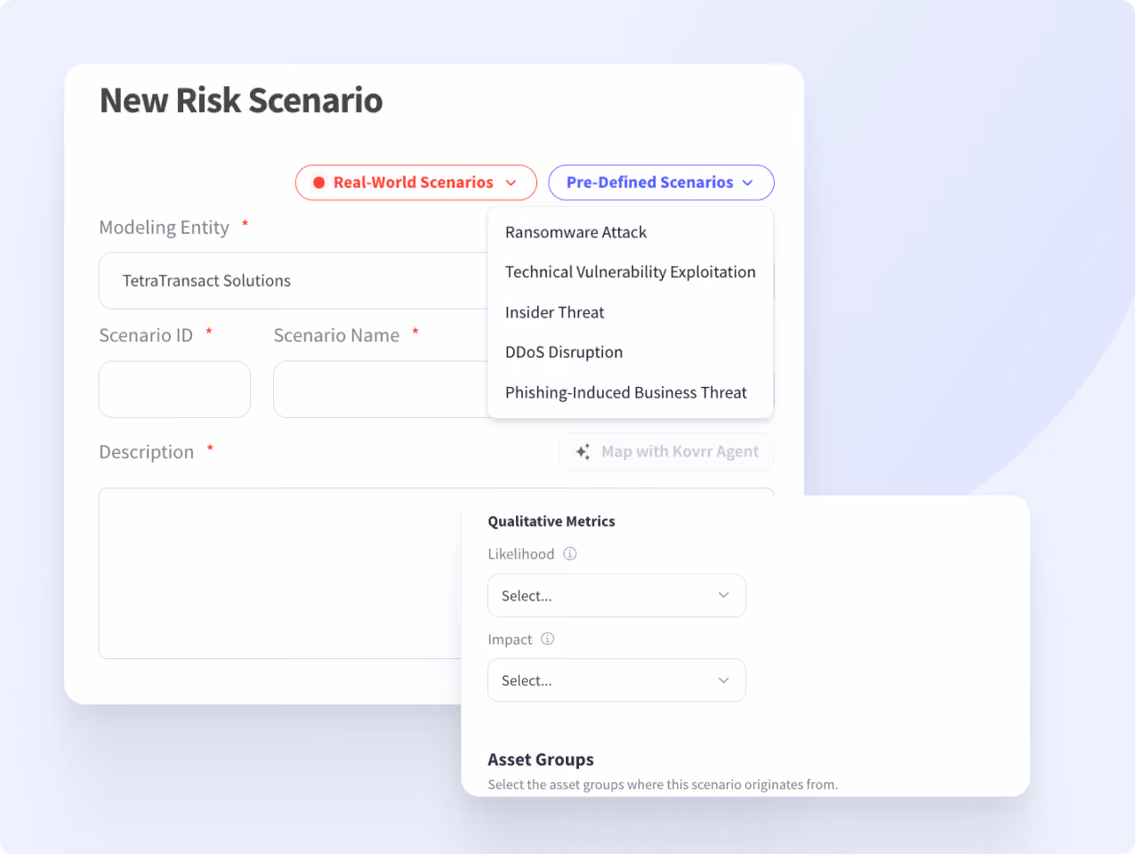 Form titled New Risk Scenario with options for real-world or pre-defined scenarios and qualitative metrics inputs.