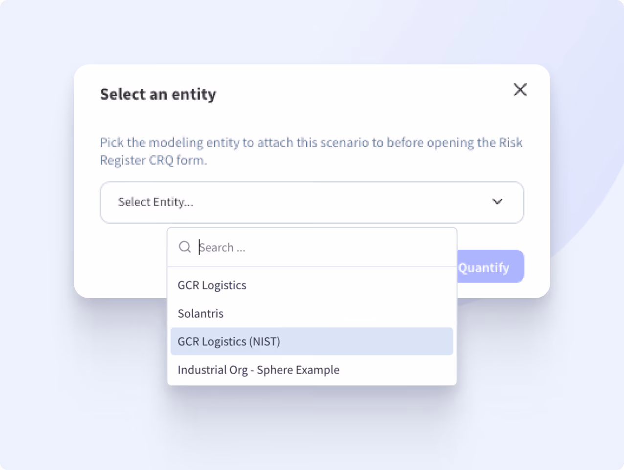 Dropdown menu to select an entity for attaching a scenario before opening the Risk Register CRQ form.