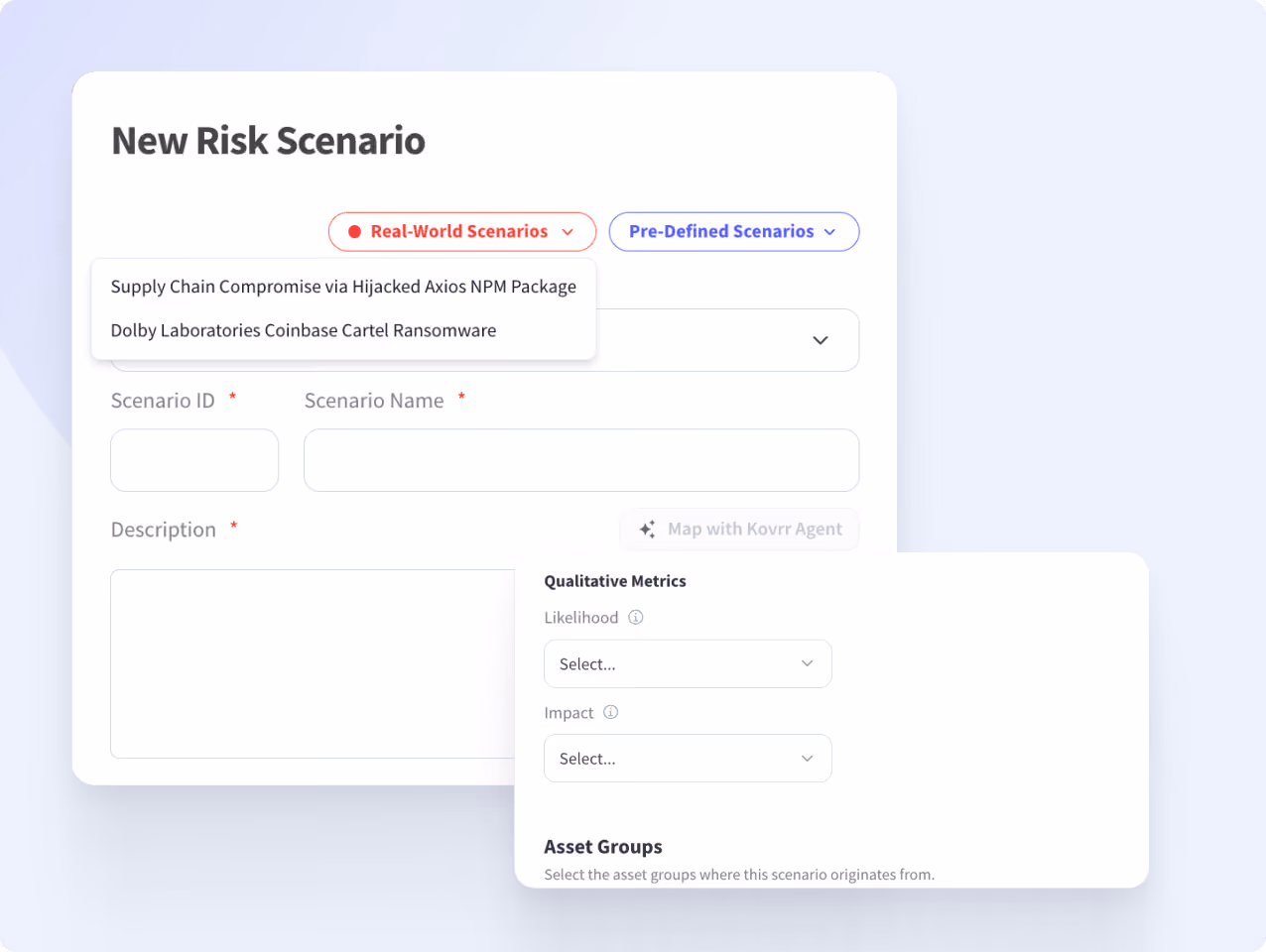 User interface screen for creating a new risk scenario with options for real-world and predefined scenarios.