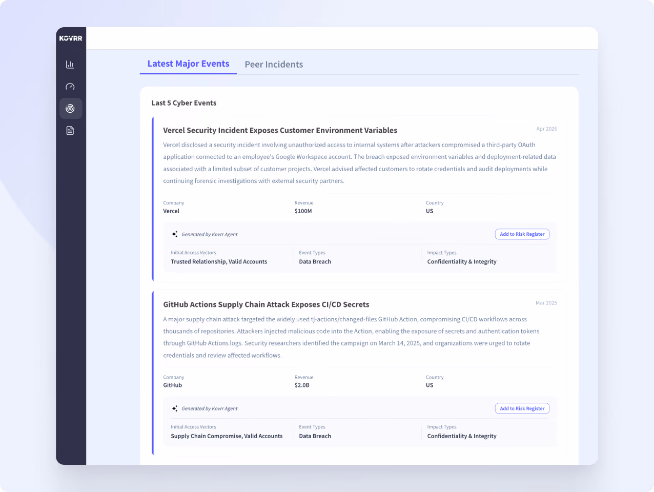 Dashboard showing two major cyber events: Vercel security incident and GitHub supply chain attack details.