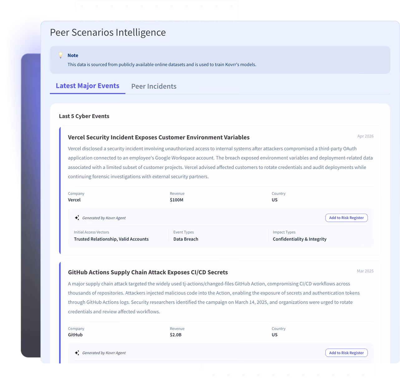Dashboard showing peer scenarios intelligence with latest major cyber events from Vercel and GitHub.