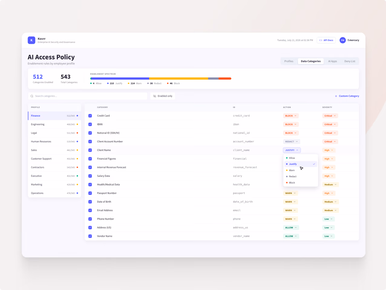 Dashboard showing policy configuration of data categories with actions and severity levels in a security platform.