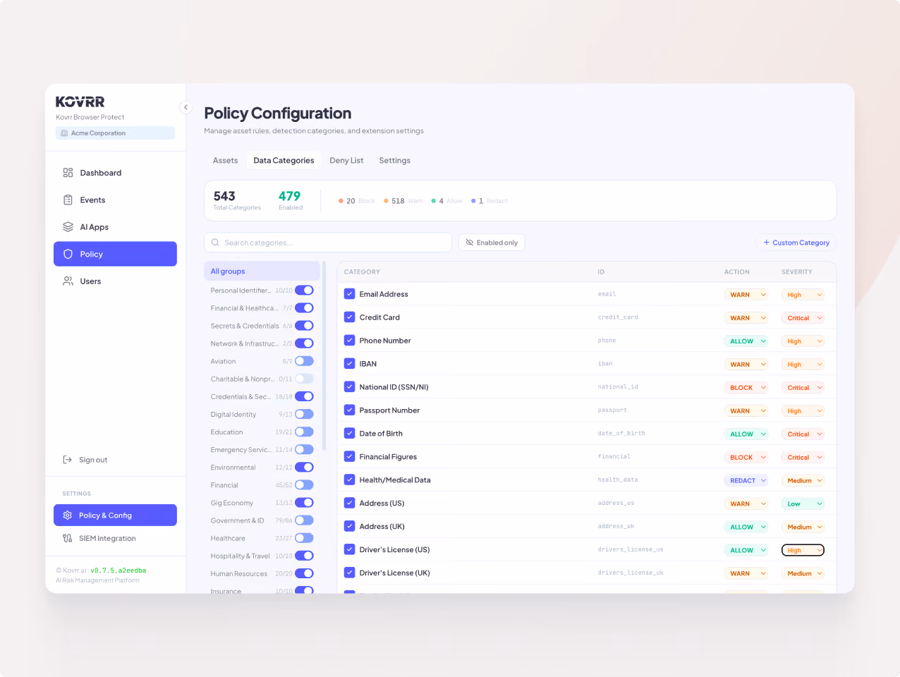 Dashboard showing policy configuration of data categories with actions and severity levels in a security platform.