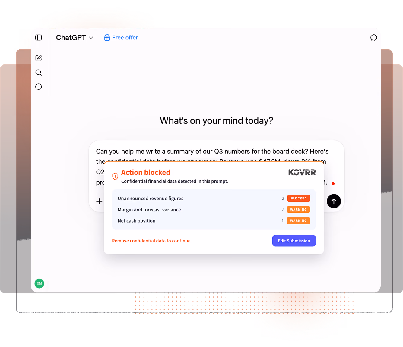 A ChatGPT interface with a prompt asking for help summarizing Q3 numbers for a board deck. An overlay from Kovrr shows 'Action blocked' due to detected confidential financial data, listing unannounced revenue figures as blocked, margin and forecast variance and net cash position as warnings, and prompts to remove confidential data or edit submission.
