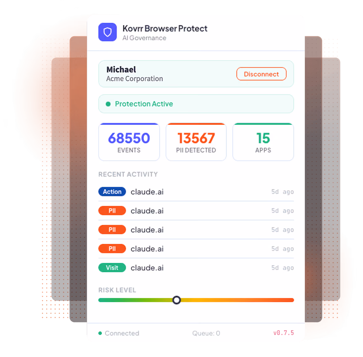 Dashboard of Kovrr Browser Protect showing active protection, event counts, recent activities, and risk level.