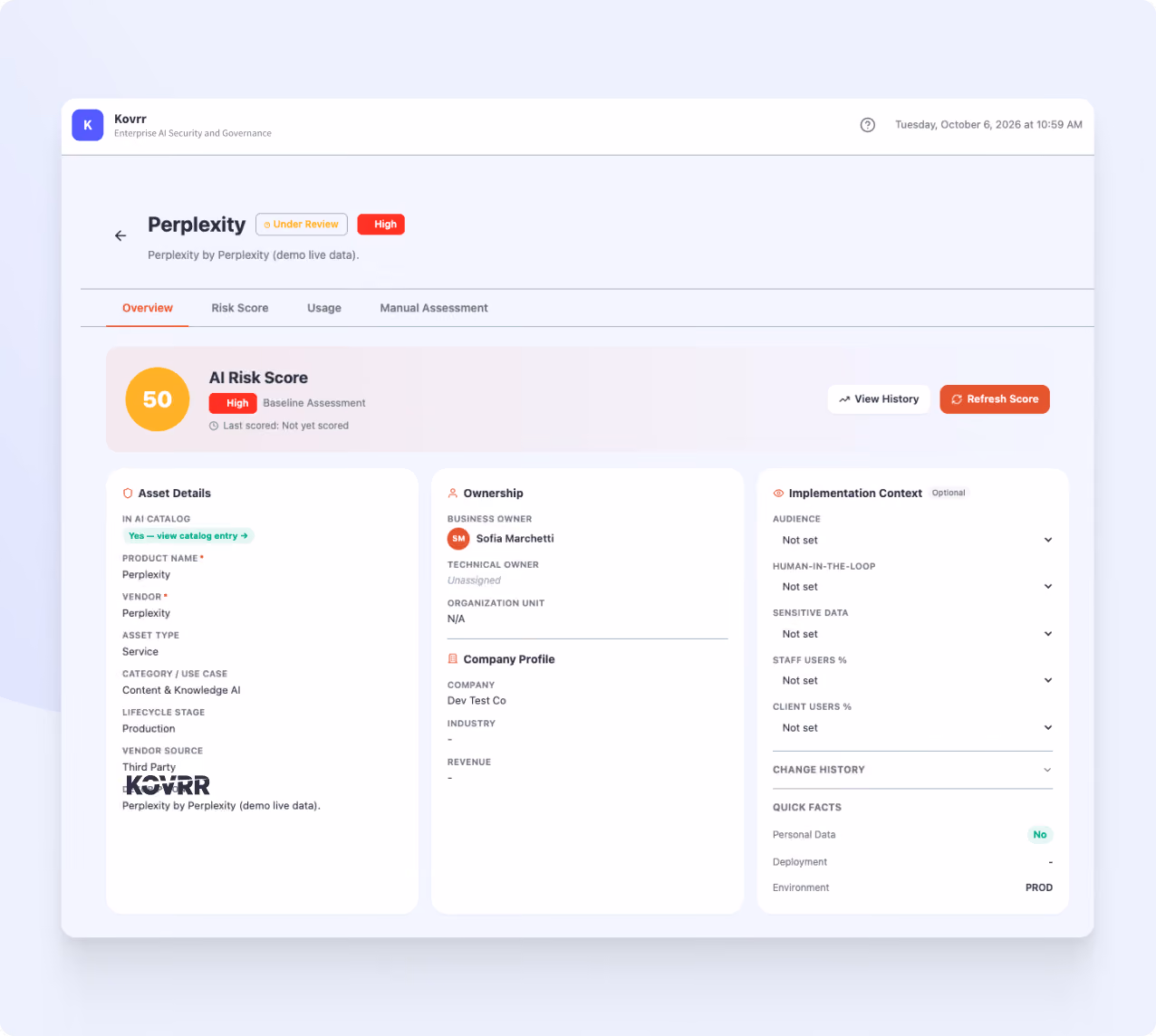User interface screenshot of Kovrr's AI risk assessment platform showing the 'Perplexity' product with a high AI risk score of 50 under baseline assessment, marked as under review. The screen has sections for asset details listing the product name, vendor, asset type, category, lifecycle stage, and vendor source; ownership with business owner Sofia Marchetti and unassigned technical owner; company profile for Dev Test Co; and implementation context with audience, human-in-the-loop, sensitive data, staff users %, client users %, change history, and quick facts including personal data marked No, deployment, and environment PROD.