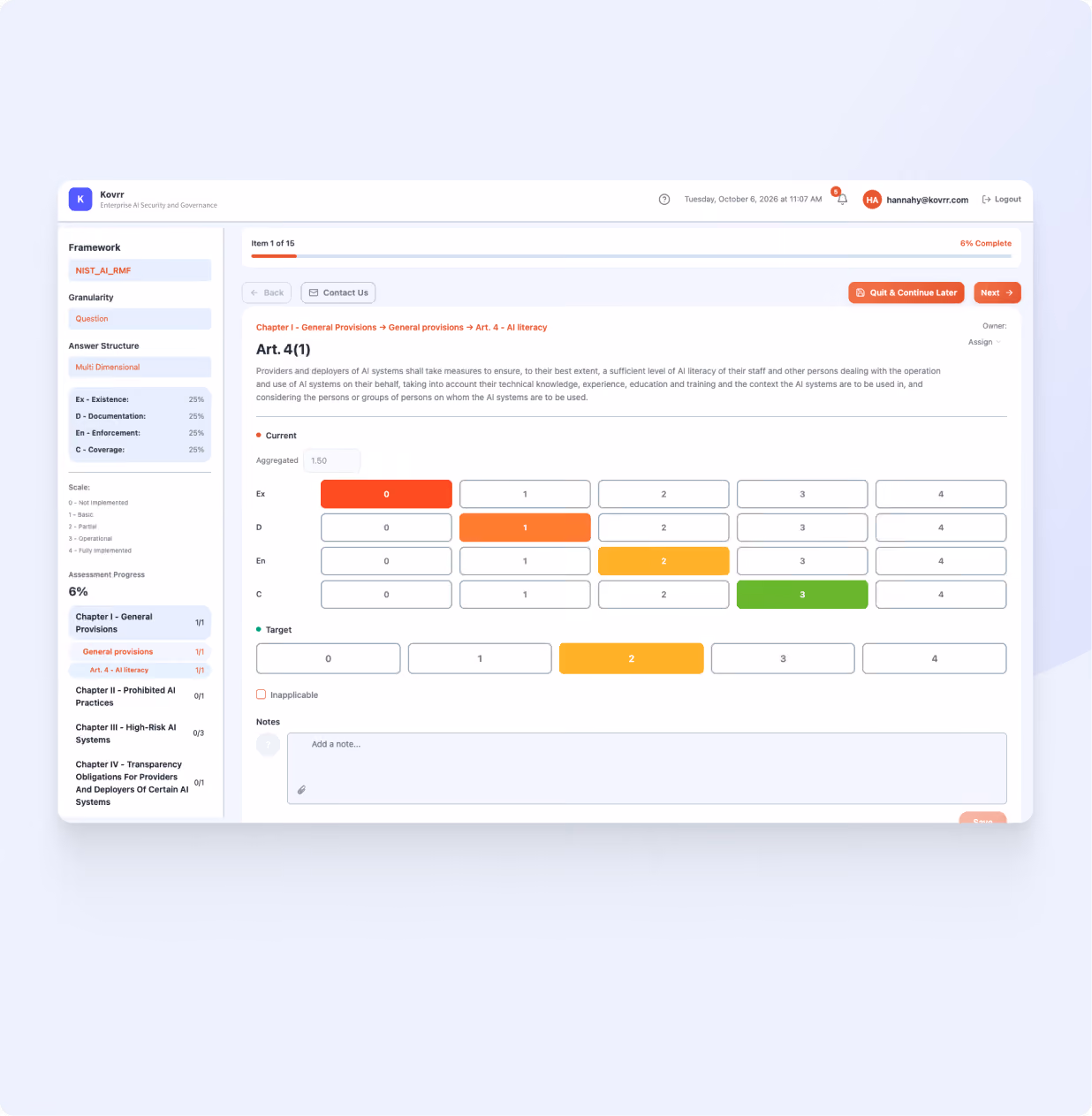 Screenshot of an AI compliance readiness platform showing a questionnaire on AI literacy under Chapter 1 - General Provisions, with a color-coded answer matrix for current and target levels across multiple dimensions, navigation menu with framework sections and progress indicators, and user info at the top right.