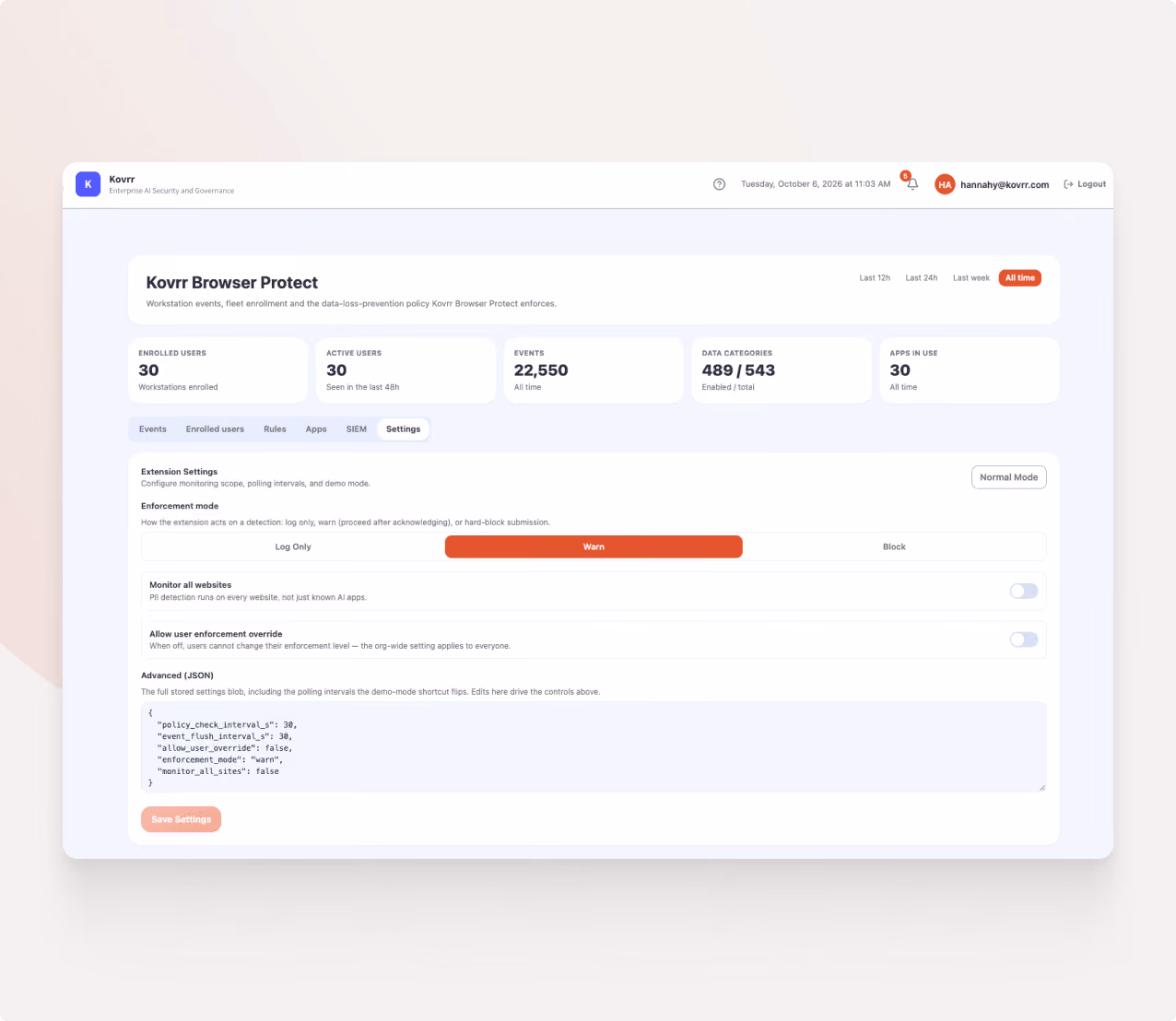 Screenshot of Kovrr Browser Protect dashboard showing security settings with metrics for enrolled users (30), active users (30), events (22,550), data categories enabled/total (489/543), and apps in use (30). The Settings tab is open, displaying extension settings including enforcement mode with options Log Only, Warn (selected), and Block, and toggles for monitoring all websites and allowing user enforcement override. Advanced JSON configuration code is visible with parameters for policy check interval, event flush interval, user override, enforcement mode, and site monitoring.