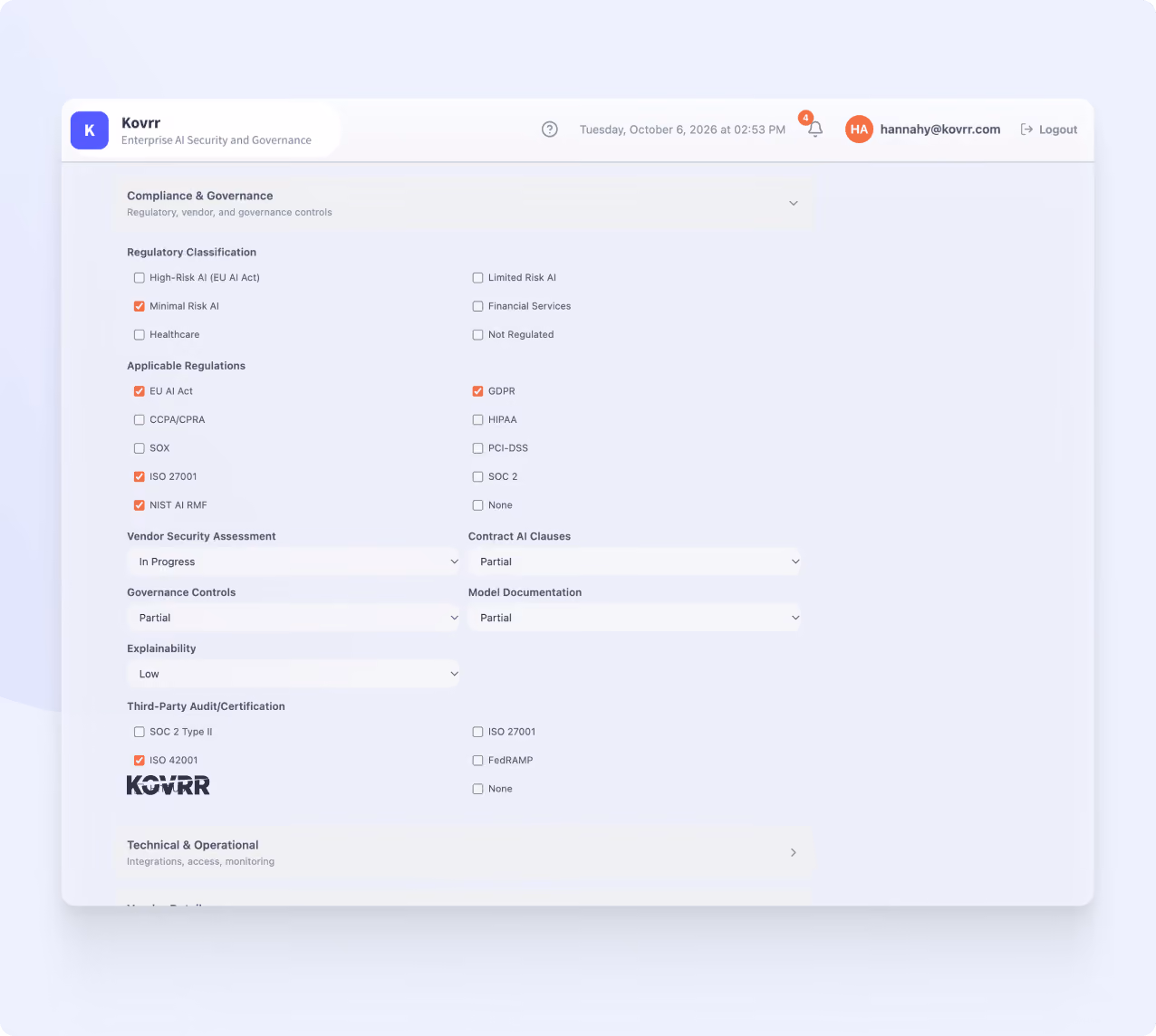 Kovrr AI security and governance dashboard showing third-party risk management details including regulatory classification with checkboxes for High-Risk AI, Minimal Risk AI (checked), Healthcare, Limited Risk AI, Financial Services, Not Regulated. Applicable regulations include checked EU AI Act, GDPR, ISO 27001, NIST AI RMF, with other unchecked options. Vendor security assessment marked as In Progress, Contract AI Clauses set to Partial. Governance controls and model documentation both set to Partial. Explainability set to Low. Third-party audits show ISO 42001 checked, others unchecked. Interface dated Tuesday, October 6, 2026, with user logged in as hannahy@kovrr.com.