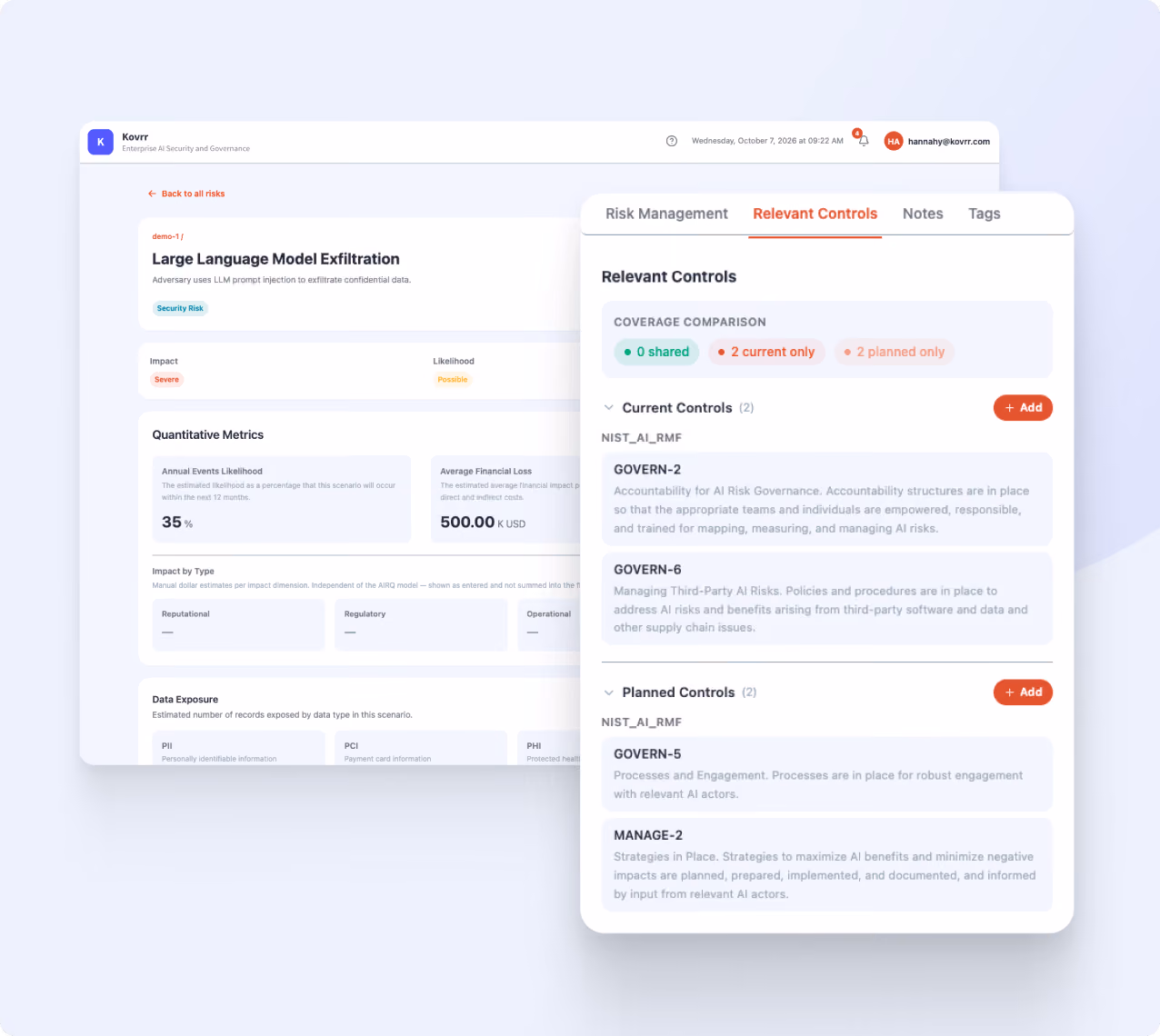 Dashboard showing GenAI Exposure financial quantification with metrics for AAL, 1:100, annual likelihood, inherent risk, attack vectors, event types, damage types, control opportunities, and insights for TechCorp using OpenAI GPT-4.
