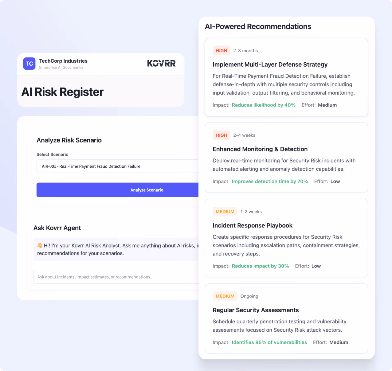 AI Risk Register interface by TechCorp Industries showing an AI-powered risk analysis and recommendation tool. The left panel allows selecting and analyzing risk scenarios with an input for the scenario AIR-001 related to real-time payment fraud detection failure. There is also a chatbox for asking the Kovrr AI Risk Analyst about AI risks. The right panel displays AI-powered recommendations with urgency labels: High priority multi-layer defense strategy reducing likelihood by 40%, high priority enhanced monitoring and detection improving detection time by 70%, medium priority incident response playbook reducing impact by 30%, and ongoing medium priority regular security assessments identifying 85% of vulnerabilities.