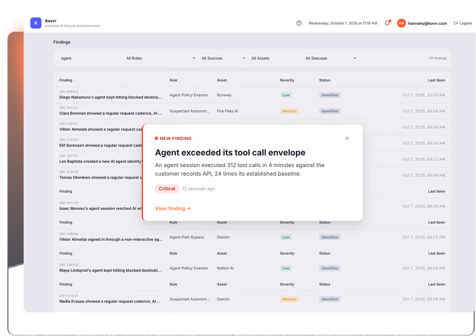Kovrr Enterprise AI Security and Governance dashboard showing findings filtered by 'agent'. A pop-up highlights a new critical finding: an agent exceeded its tool call envelope by making 312 tool calls in 4 minutes against the customer records API, 24 times the established baseline, marked 12 seconds ago. The dashboard lists multiple findings with details like rule, asset, severity, status, and last seen date and time.