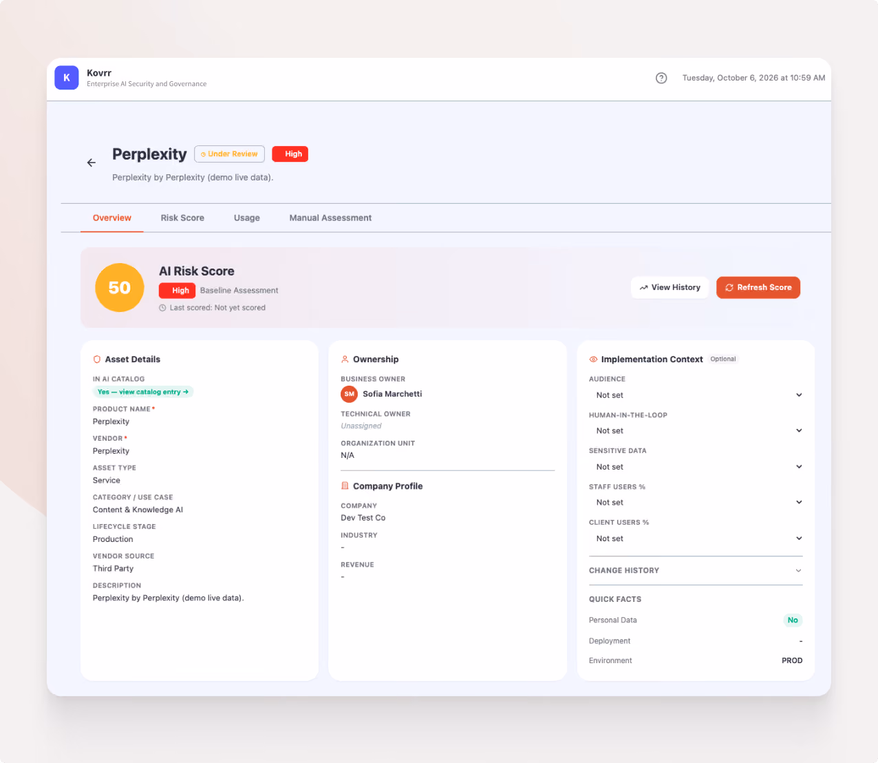 Dashboard screen showing AI security risk score for 'Perplexity' tool with a high risk rating of 50, including asset details like product name, vendor, service type, lifecycle stage, and description. Ownership section lists business owner Sofia Marchetti and company profile Dev Test Co. Implementation context and quick facts include audience, human-in-the-loop status, sensitive data, staff and client user percentages, and environment marked as PROD. Tabs for Overview, Risk Score, Usage, and Manual Assessment are visible.