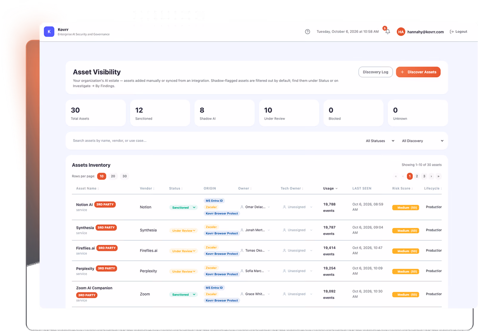Dashboard interface showing Asset Visibility and Assets Inventory for an AI security platform named Kovrr, listing 30 total assets with details such as vendor, status, origin, owner, tech owner, usage count, last seen date, risk score, and lifecycle status for AI tools like Notion AI, Synthesia, Fireflies.ai, Perplexity, and Zoom AI Companion.