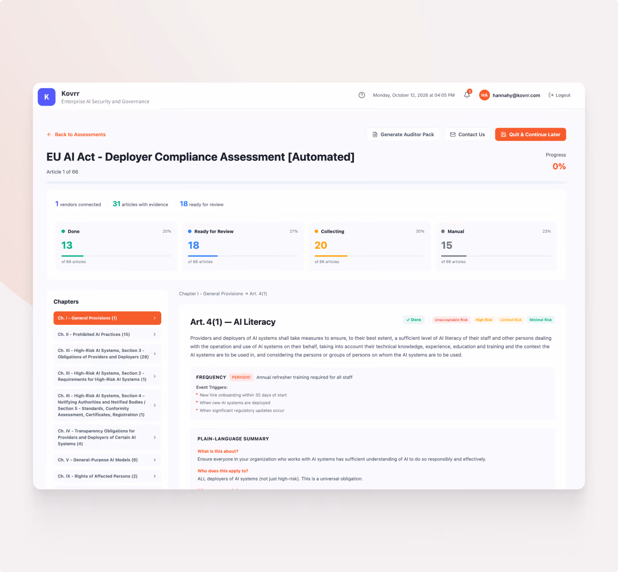 Screenshot of the EU AI Act Deployer Compliance Assessment automated tool interface showing article 4(1) on AI Literacy. It displays sections for done, ready for review, collecting, and manual tasks with progress bars. Article 4(1) outlines AI literacy requirements for providers and deployers of AI systems to ensure staff have sufficient understanding of AI use and risks, including frequency of annual refresher training, event triggers, and a plain-language summary emphasizing universal obligation. Navigation panel on the left lists chapters and sections of the assessment.