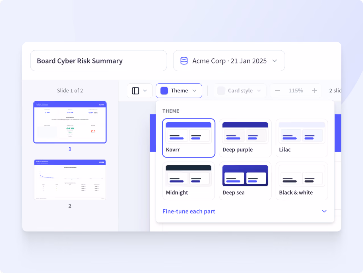 User interface showing a presentation titled 'Board Cyber Risk Summary' for Acme Corp dated January 21, 2025, with slide thumbnails on the left and a theme selection menu on the right offering six theme options: Kovrr, Deep purple, Lilac, Midnight, Deep sea, and Black & white, with Kovrr currently selected.