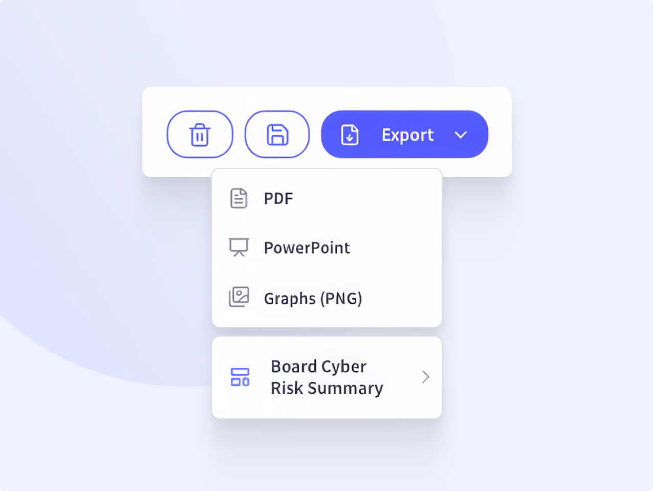 User interface showing three buttons: delete (trash can icon), save (floppy disk icon), and a blue export dropdown. The export menu lists options: PDF, PowerPoint, Graphs (PNG), and Board Cyber Risk Summary.