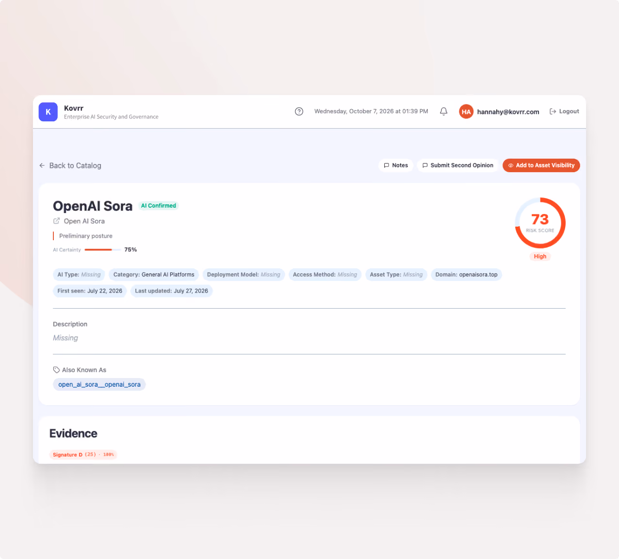 Screenshot of a Kovrr AI security platform interface displaying details for OpenAI Sora, marked AI Confirmed with 75% AI Certainty. It shows preliminary posture, missing AI type, deployment model, access method, and asset type, with domain openaisora.top. The risk score is 73 in a red circle labeled High. The interface includes navigation, user info, options to add notes or submit a second opinion, and evidence section with signature D at 100%.