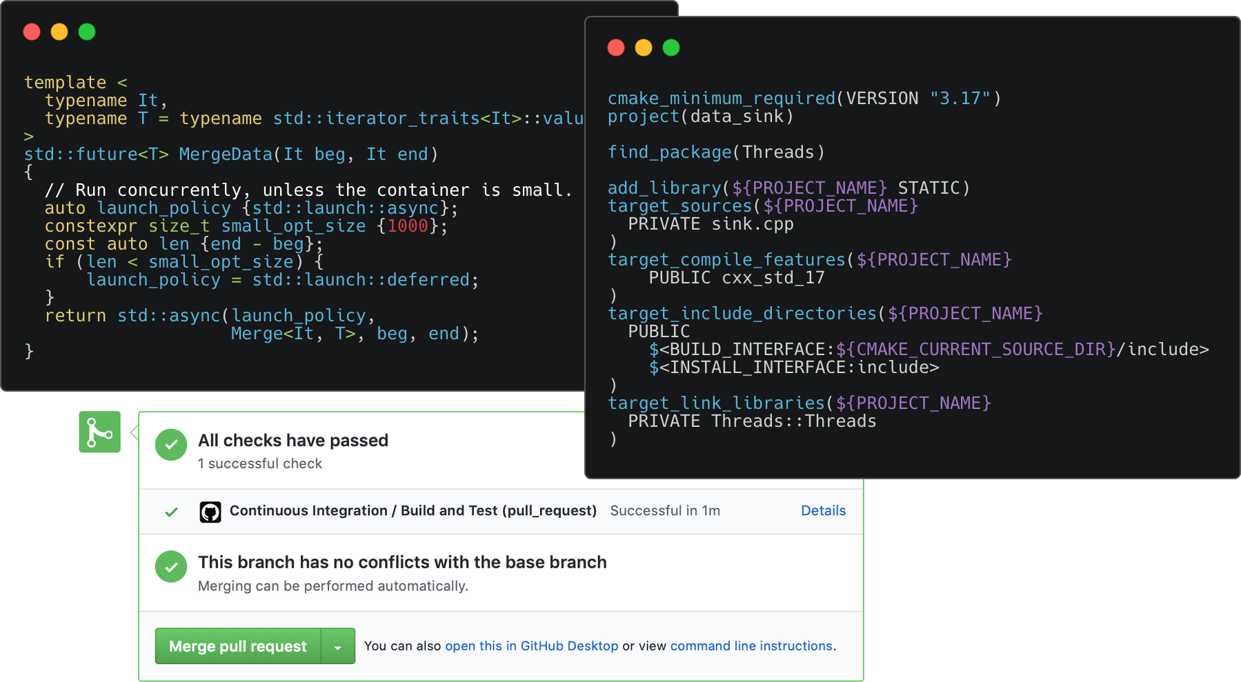 Project snippets: C++ source file, CMake file, continuous integration