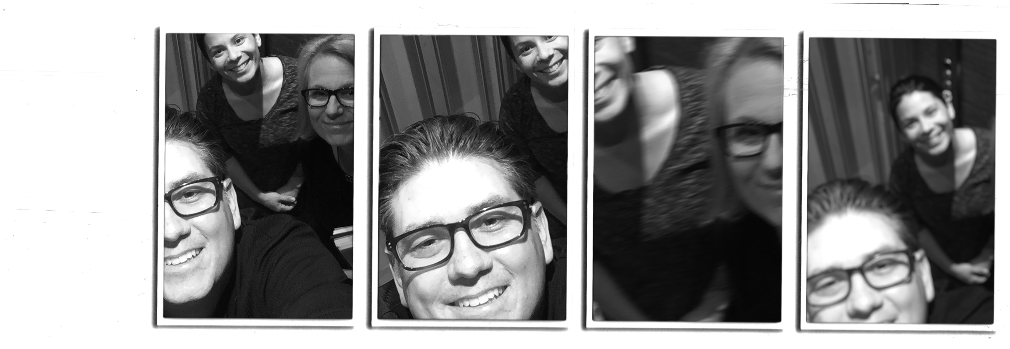 Four black-and-white photobooth frames with smiling faces, tight crops, and a motion-blurred third frame.