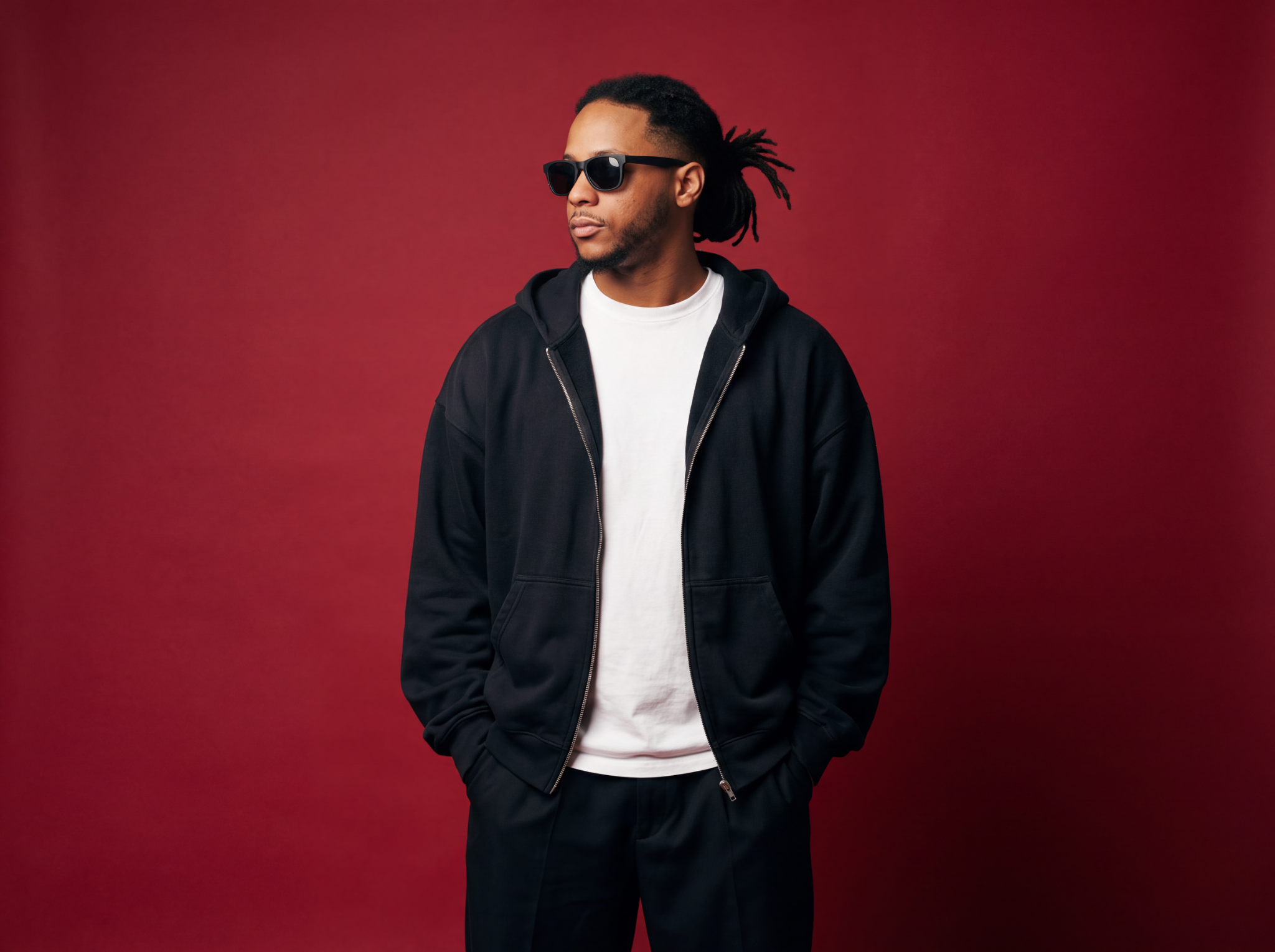 Jon Bracken wearing a black hoodie and sunglasses against a deep red studio background