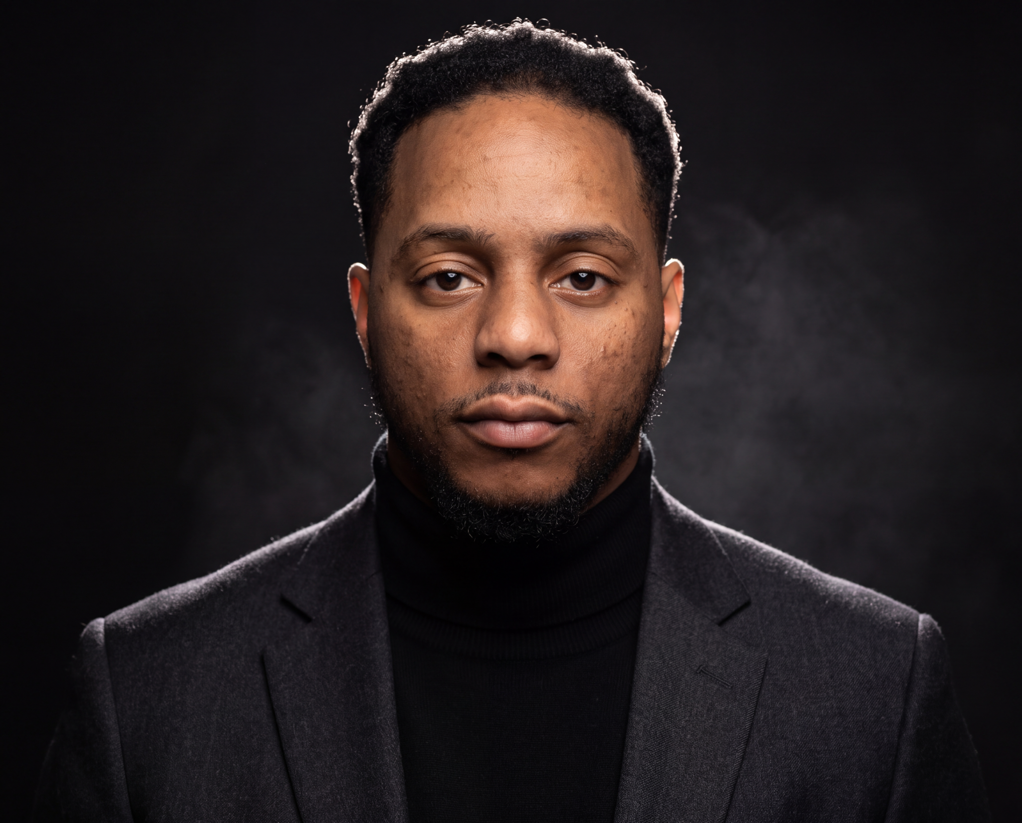 Editorial portrait of Jon Bracken in a charcoal blazer and black turtleneck