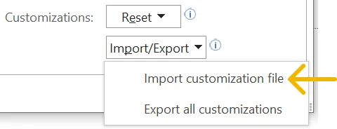 Screenshot of how to import a customisations file