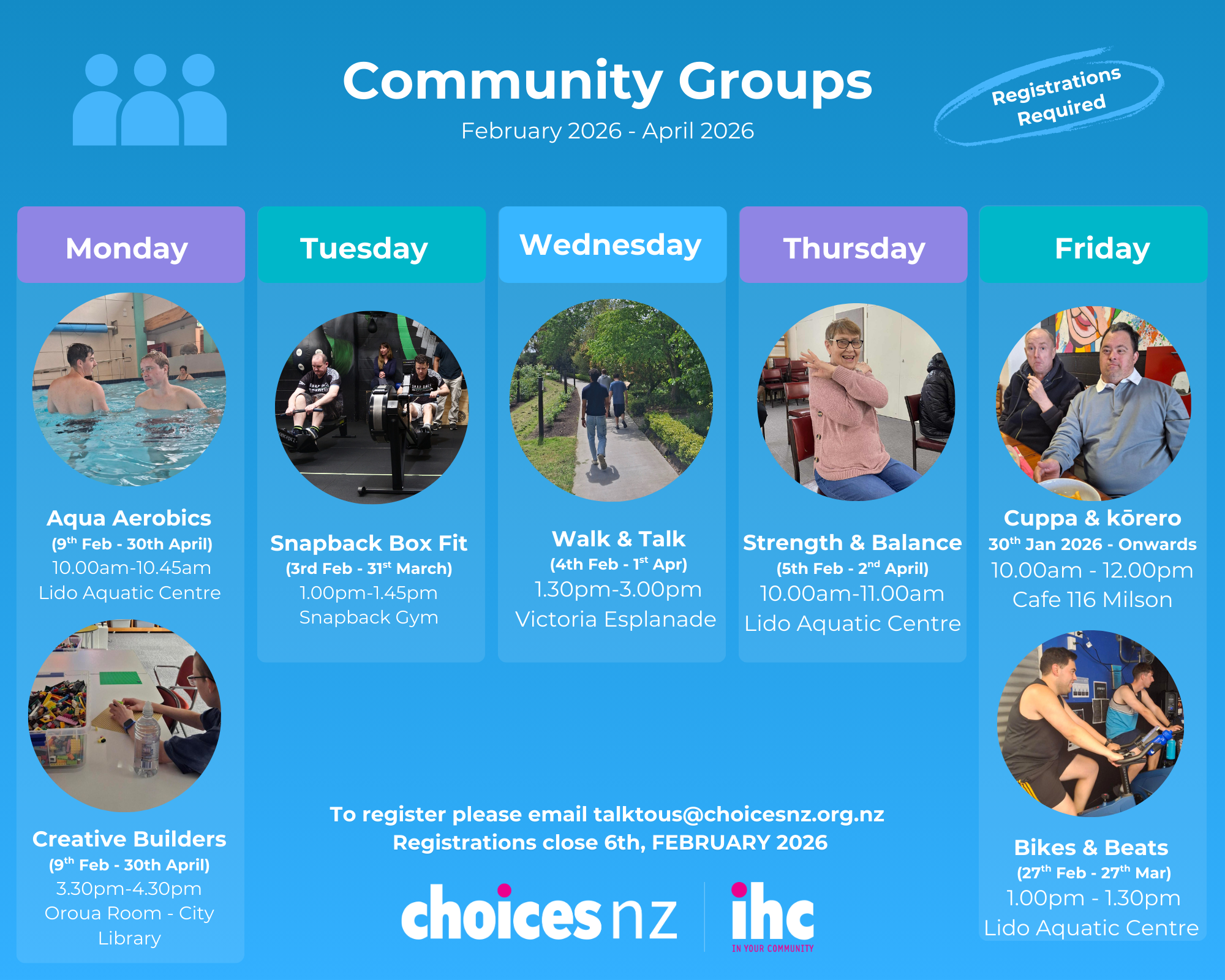 MON: Aqua Aerobics: 10am - 10.45am (February 9th - March 30th) MON: Super Grans Cooking club: 11am - 1pm (March 16th , 23rd & 30th ) MON: Creative Builders: 3.30pm - 4.30pm (February 2nd - 30th March) TUESDAY: Snapback Box fit: 1pm-1.45pm (February 3rd - March 31st ) WEDNESDAY: Walk & Talk: 1.30pm-3pm (February 4th - April 1st) THURSDAY: Strength & Balance: 10am - 10.45am (February 5th - April 2nd) FRIDAY: Coffee & Colours: 10am - 12pm (Jan 30th - Dec 18th ) FRIDAY: H/S Strength & Balance: 10am - 10.45am (Feb 27th - Mar 27th ) FRIDAY: Bikes & Beats: 1.30pm - 2pm (Feb 27th - Mar 27th )