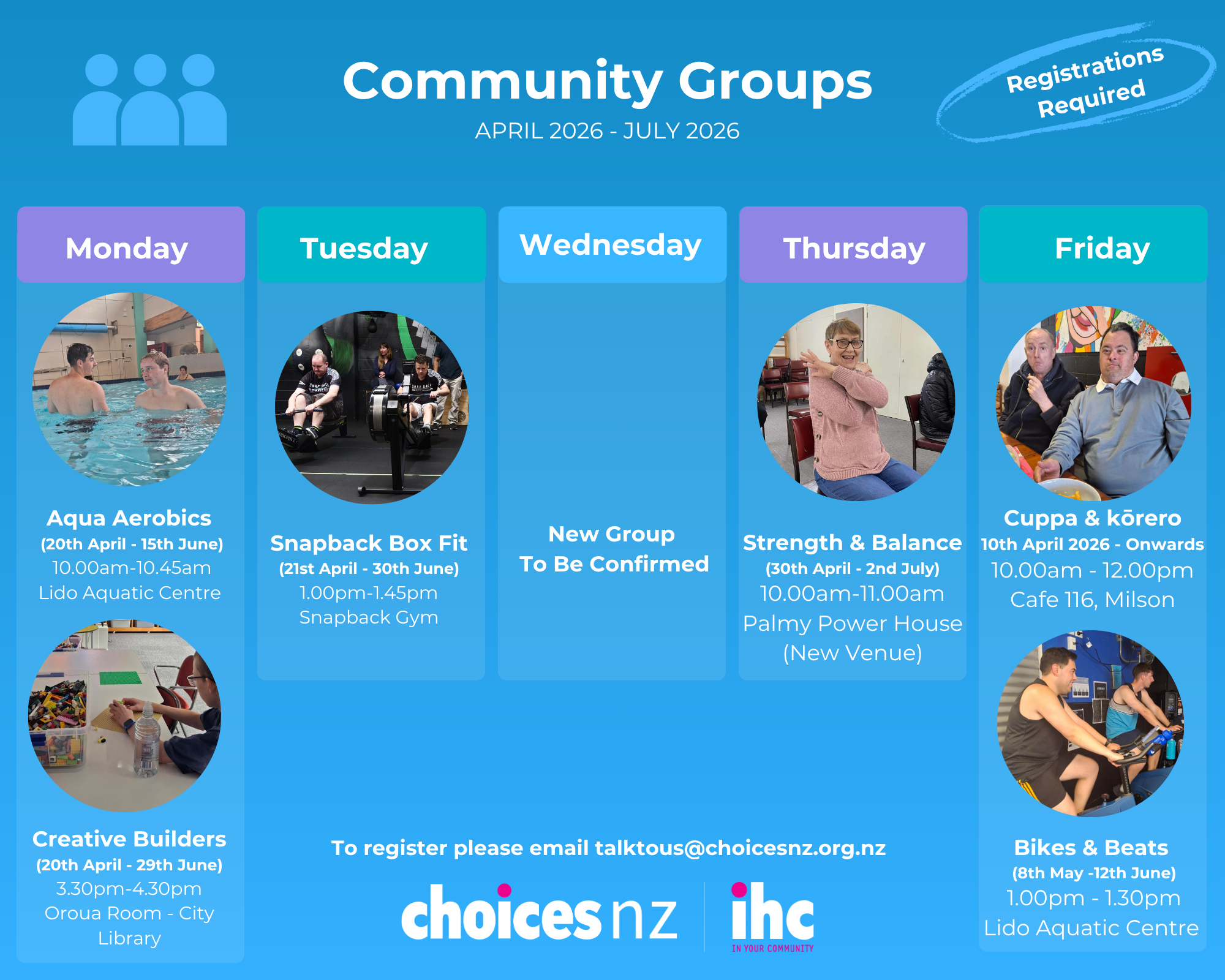 MON: Aqua Aerobics: 10am - 10.45am (April 20th - June 15th). MON: Super Grans Cooking club: 11am - 1pm (Term 2 SuperGrans FULL). MON: Creative Builders: 3.30pm - 4.30pm (April 20th - June 29th). TUESDAY: Snapback Box fit: 1pm-1.45pm (April 21st - June 30th). THURSDAY: Strength & Balance: 10am - 11.00am (April 30th - July 2nd). FRIDAY: Cuppa & Kōrero: 10am - 12pm (April 10th Onwards). FRIDAY: Bikes & Beats: 1.00pm - 1.30pm (May 8th - June 12th)