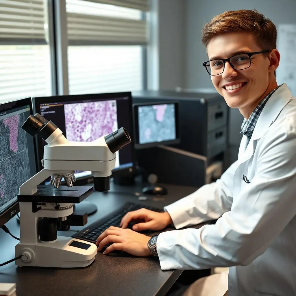 Pathologist at microscope with lab images.