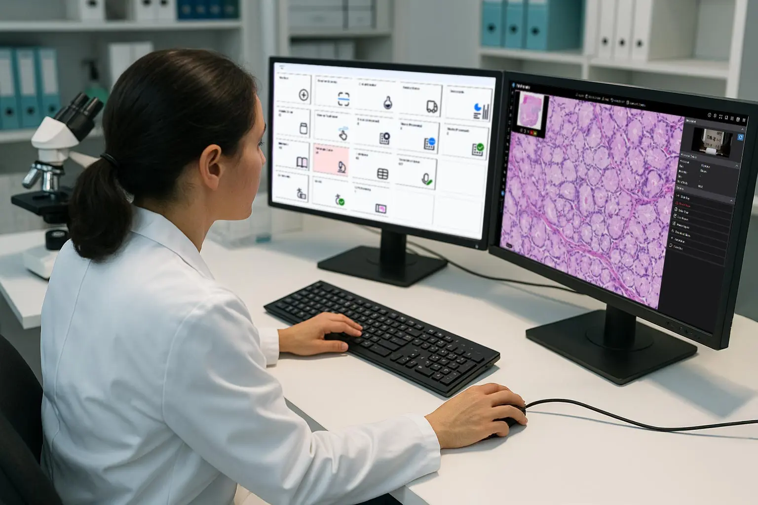Pathologist using digital pathology software and LIS on dual monitors.