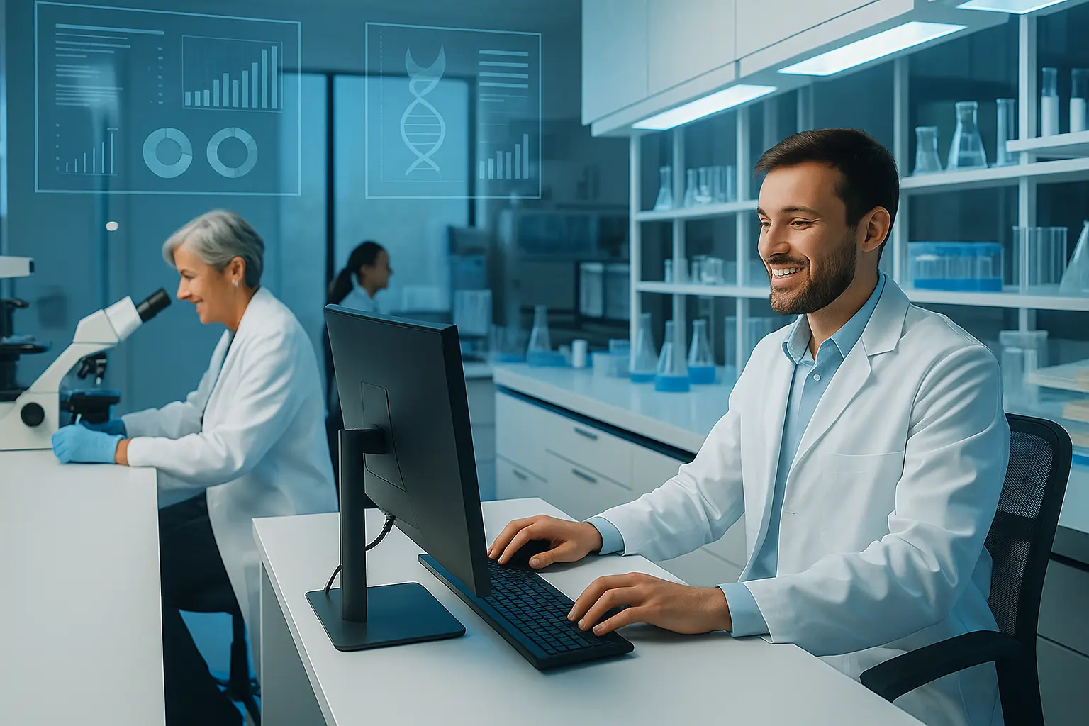 Smiling lab technician working at a computer while a colleague uses a microscope in a modern laboratory.