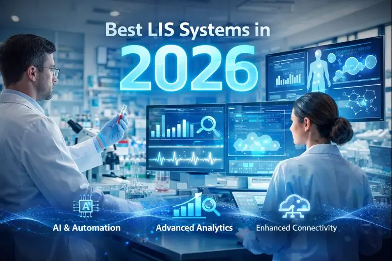 Laboratory professionals working with digital dashboards and analytics, illustrating best LIS systems in 2026.