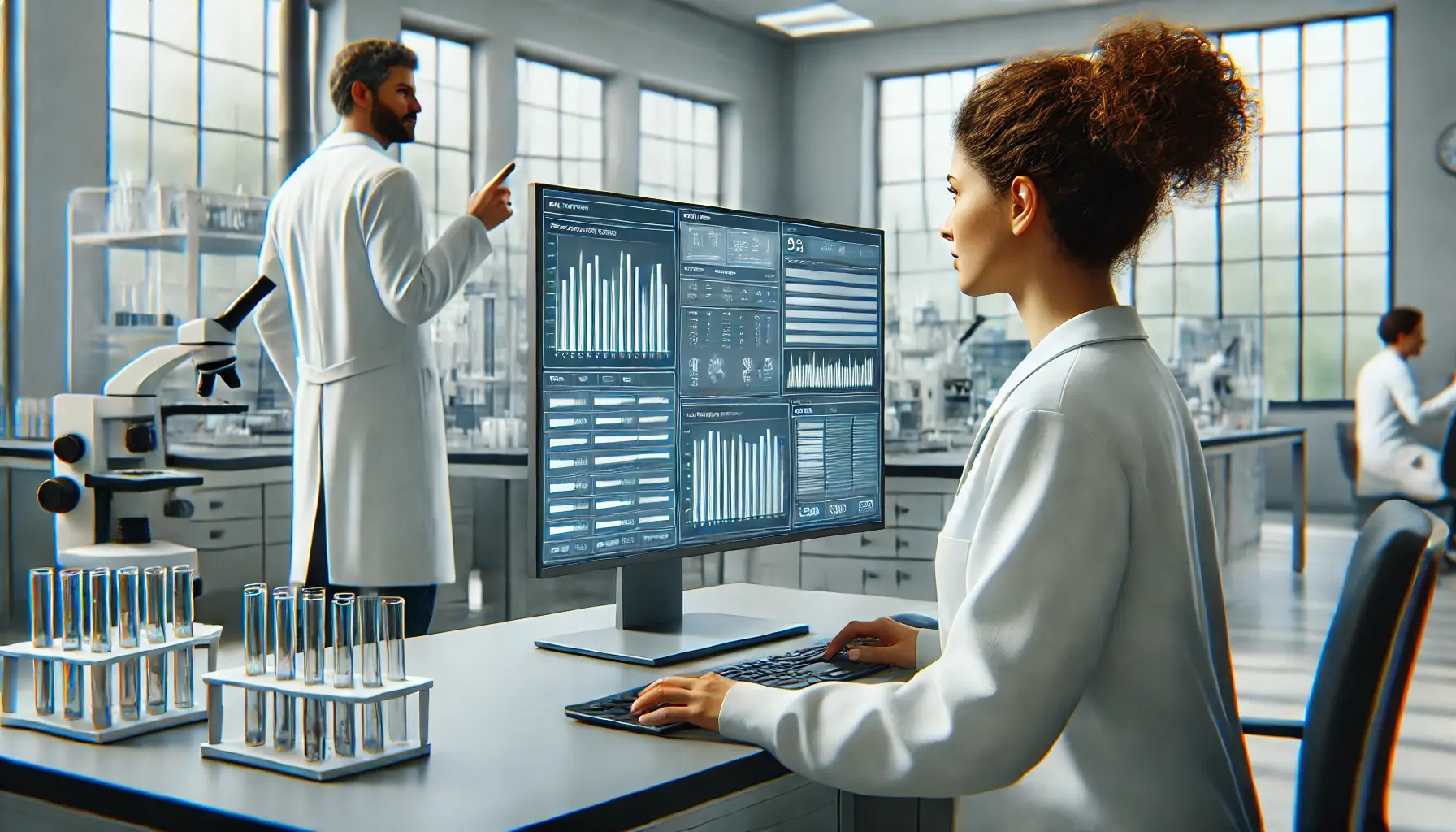 Lab professional working at a computer with data dashboards, test tubes and microscopes in a modern laboratory.