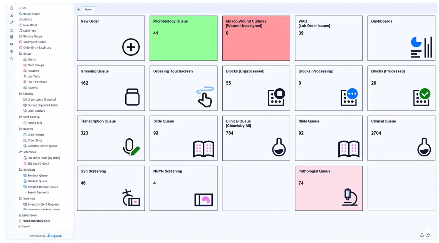 Laboratory information system dashboard showing workflow queues with real-time counts.